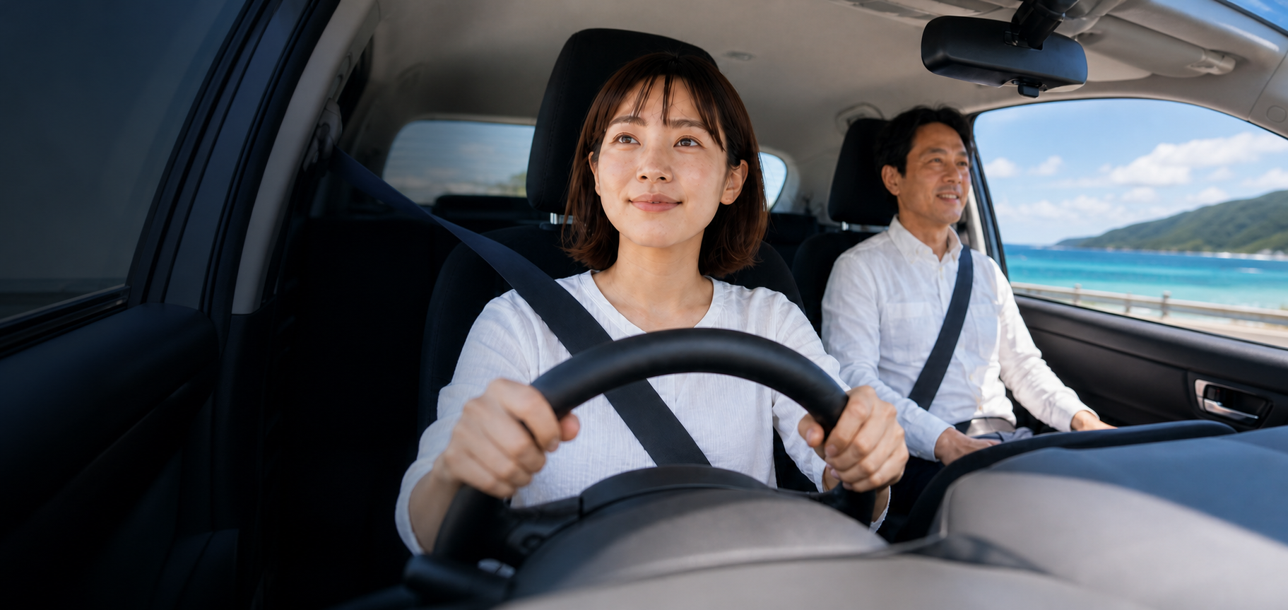 教習車で指導員と学ぶ女性