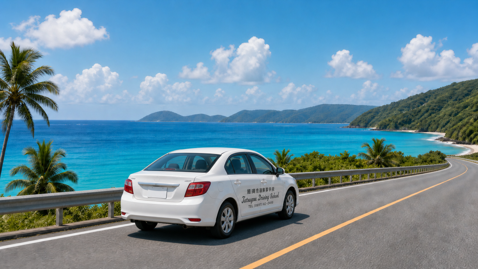 校名を側面に掲示し、奄美の海沿いの左車線を走る白い教習車